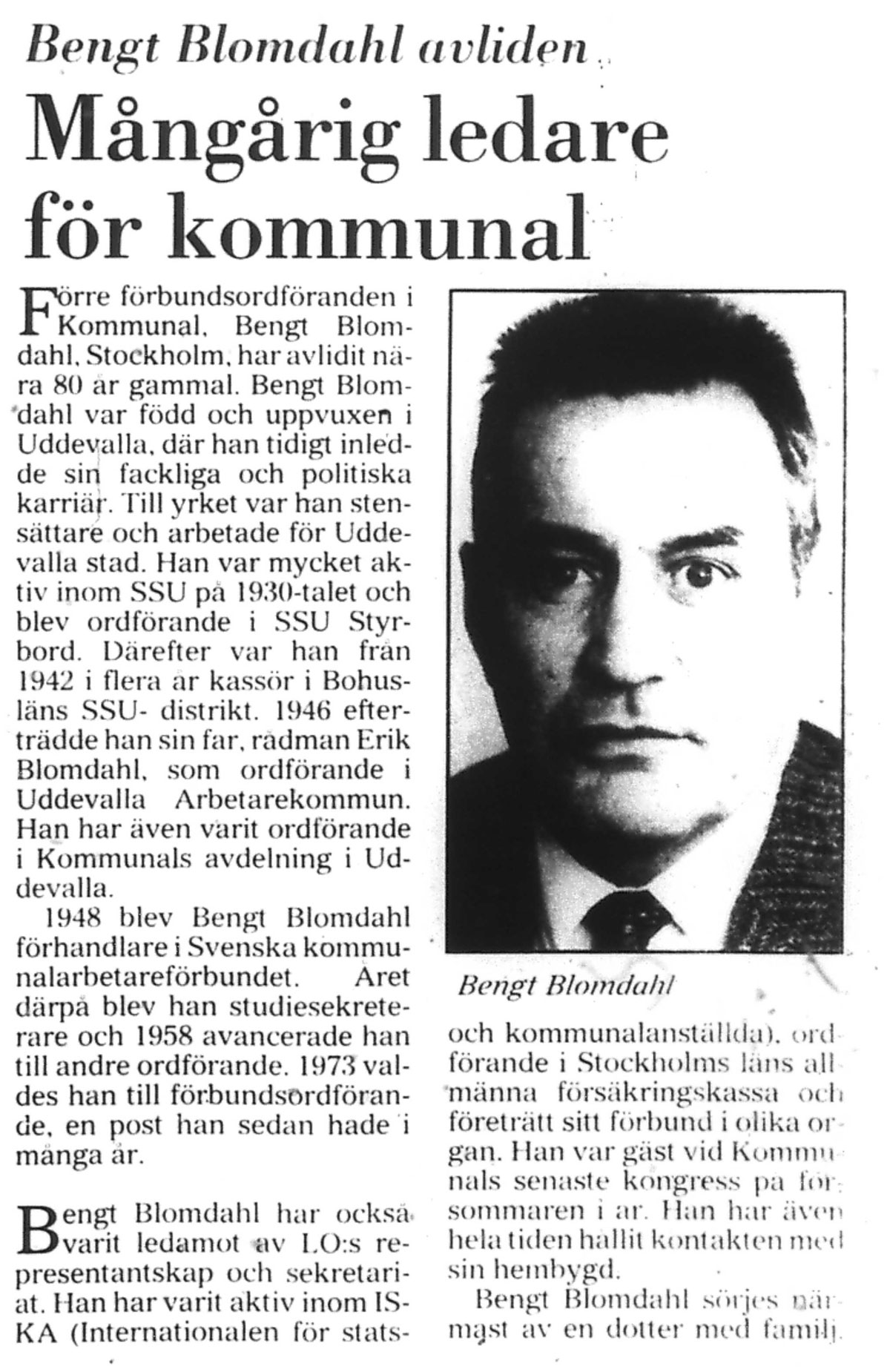 Tidningsartikel om Bengt Blomberg