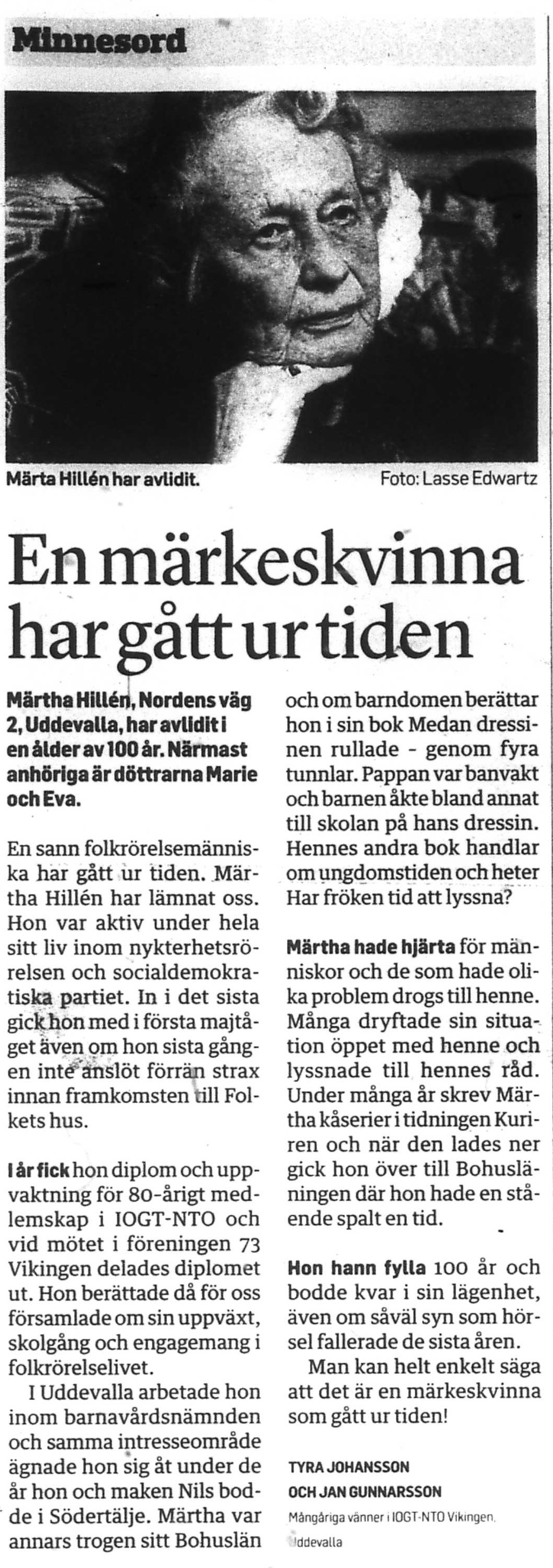 Tidningsartikel Minnesord över Märta Hillén
