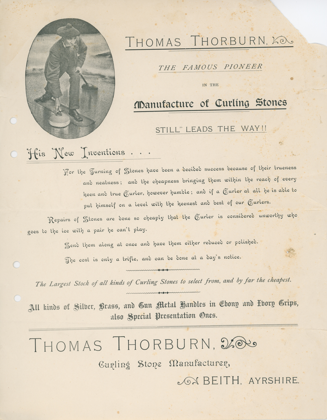 Äldre reklamblad för Thomas Thorburn The famous pioneer in the Manufacture of Curling Sones