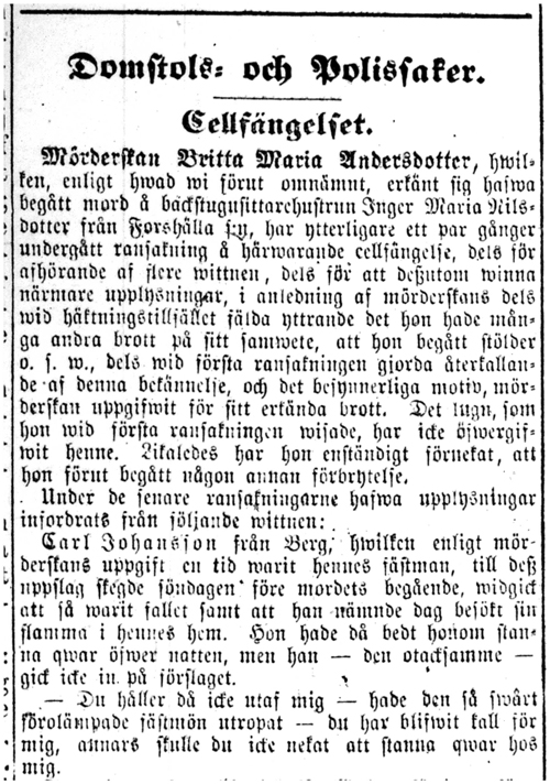 Dekorativ bild. Tidningsurklipp från Bohusläns tidning år 1870. I texten står bland annat Domstol & Polissaker, Cellfängelset.