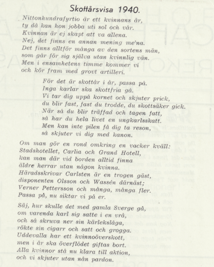 Bild av texten till Skottårsvisa 1940.