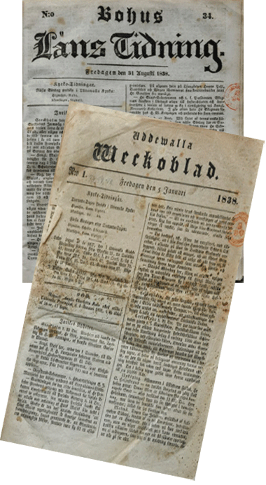 Dekorativ bild på tidningarna Bohus Läns Tidning och Uddewalla Weckoblads förstasidor. Tidningarna är från 1800-talets första hälft texten är med dåtidens typsnitt.