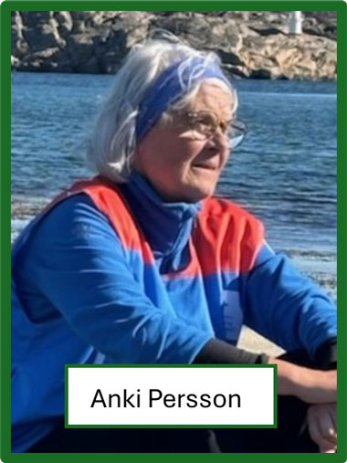 Gråhårig kvinna med blått hårband och glasögon som sitter vid havet. Hon har en blå tröja på sig med något rött på axlarna. På bilden finns texten Anki Persson.