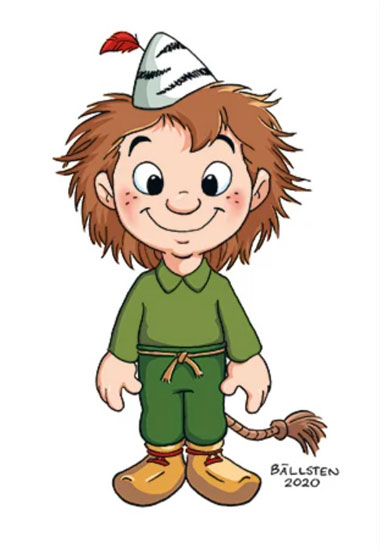 Tecknad figur föreställande skogsmulle. Skogsmulle är ett troll. Längst upp en hatt som ser ut att vara gjord av näver med ett rött löv som sticker upp. Därunder Mulles bruna spretiga hår. Ansiktet har två stora ögon och en glad mun. Kläderna består av en grön skjorta och ett par mörkare gröna byxor som hålls uppe av ett snöre. På fötterna någon form av skor. Baktill sticker Mulles svans fram. Svansen är gjord av snöre som har en knut nästan längst ut. Allra längst ut har svansen fransat sig