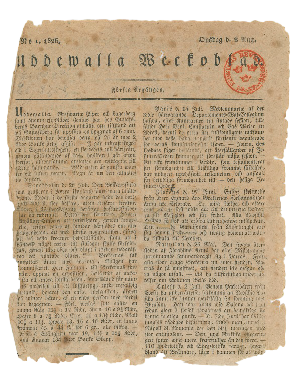 Dekorativ bild föreställande sida ur Uddevalla Weckoblad 1826